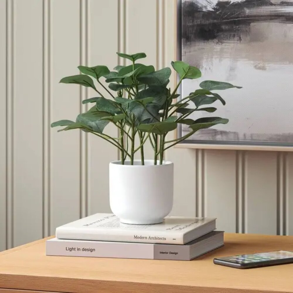 Artificial Eucalyptus Leaf Plant | 10" Tall | White Melamine Pot with Faux Soil